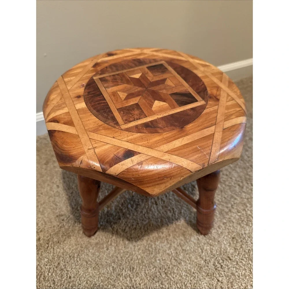 VTG Inlaid Wood Footstool Marquetry Geometric Pattern MCM 10.5